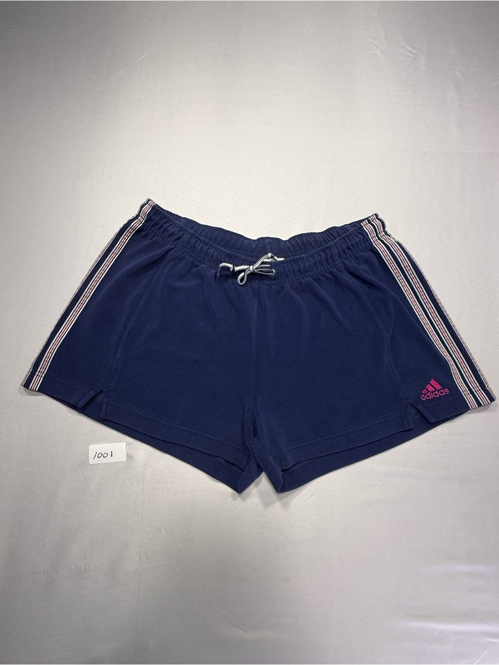 adidas Navy Athletic Shorts with Pink Logo and Striped Sides